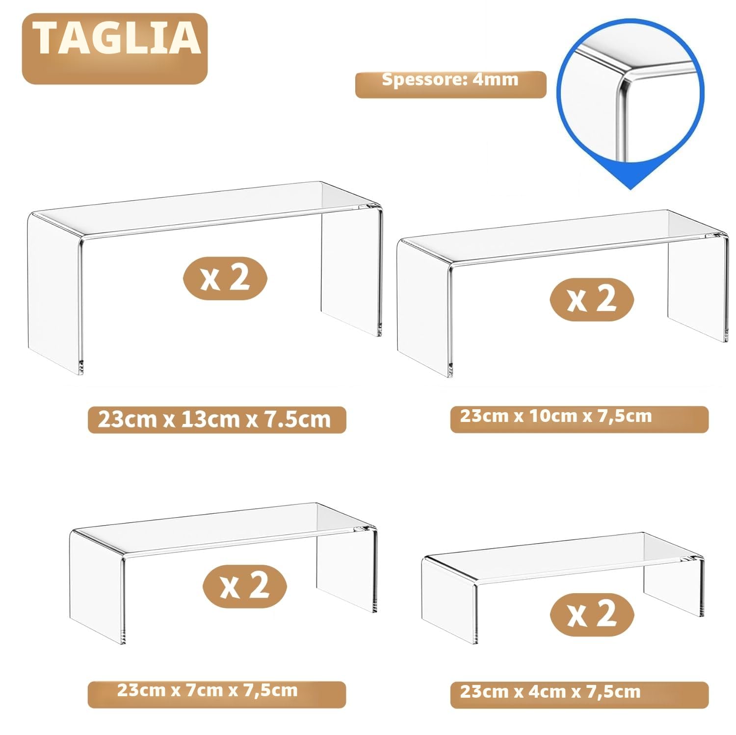 KAHEIGN 8 Pezzi Alzate Grandi in Acrilico, 2 Sets 4 Ripiani Mensola Trasparente per Espositori Supporto da Tavolo per Profumi Cupcake Figure Dessert Cibo Cosmetici Lozione Crema Gioielli