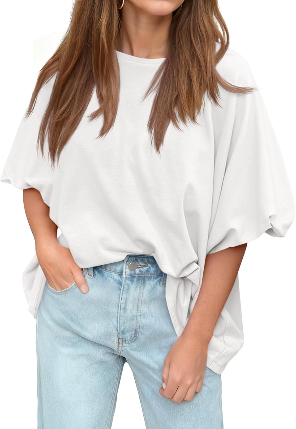 Tankaneo Womens Oversized Puff Short Sleeve T Shirt Summer Casual Crew Neck Tunic Tops Loose Fit Basic Tees