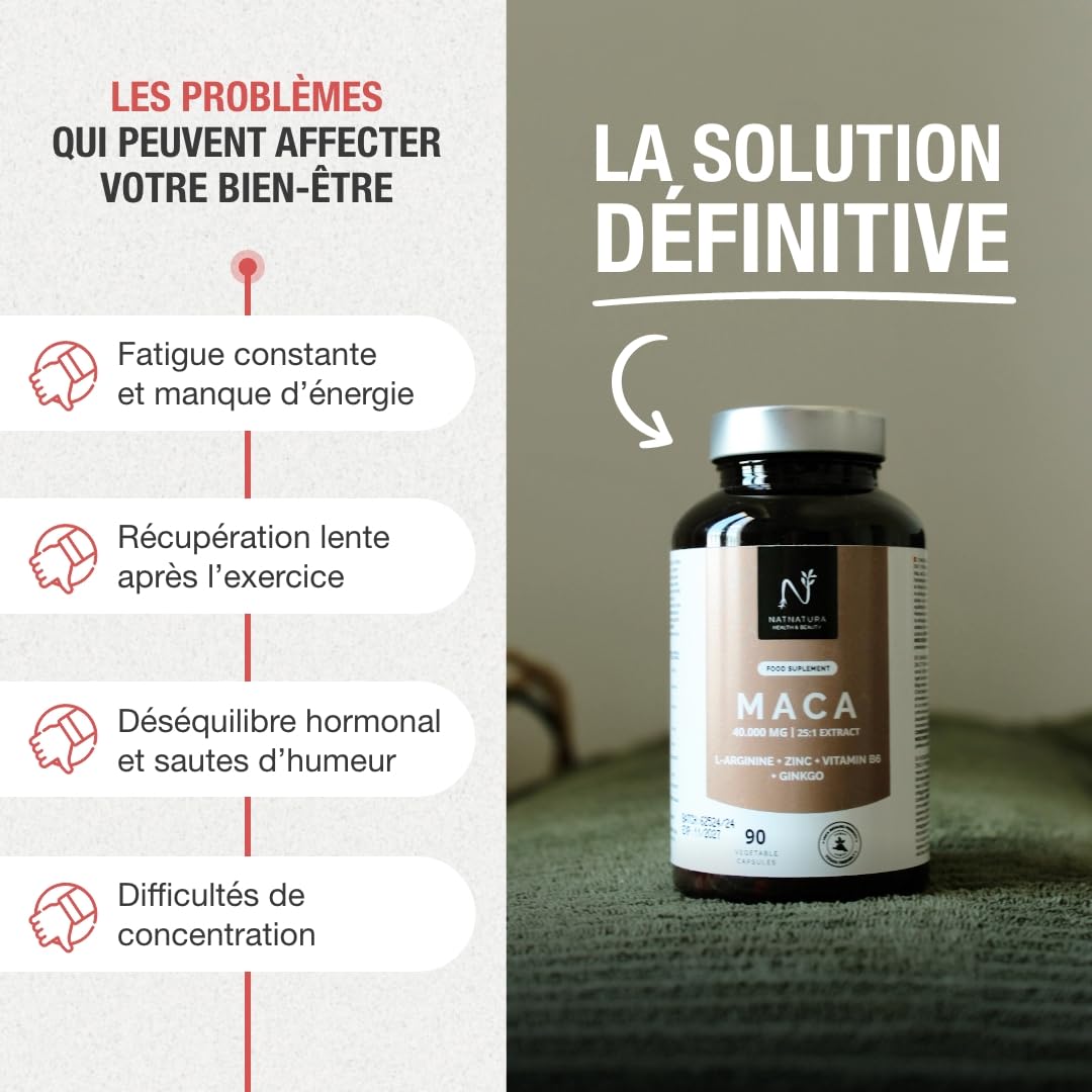 Maca Andina Ultra Concentrée 40.000 mg/jour 25:1 | L-Arginine, Zinc, Vit. B6 & Ginkgo – Énergie, Vitalité & Puissance Personnelle | 90 Capsules