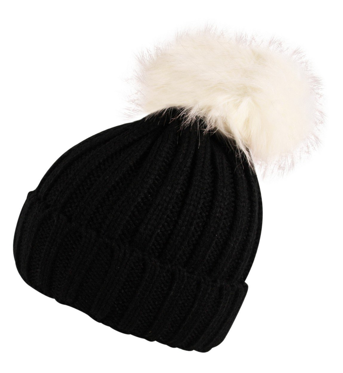 Itzu Girls Black (White Bobble) Ribbed Beanie Hat Chunky Detachable Faux Fur Bobble Pom Turn Up Youth Kids Black (White)