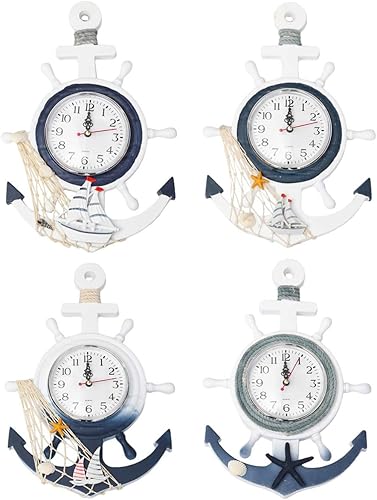 Miniatura 7 de WINOMO Reloj de pared con ancla de barco, estilo mediterráneo, con temática náutica, reloj de pared silencioso, decoración colgante para sala de