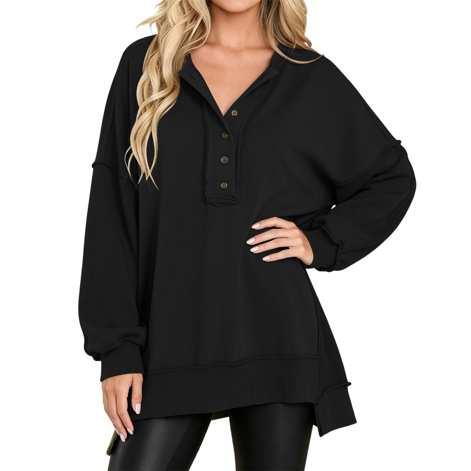 Sudadera con Capucha de Manga Larga, Corte Holgado, Color Liso, Cuello y Cierre de Botones para Mujer, Bolsillos Laterales, cómoda para el día a día y el Fin de Semana, única