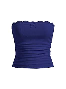 SOLY HUX Women's Lace Trim Ruched Bandeau Crop Tube Tops
