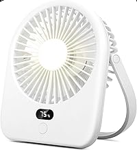 Portable Desk Fan with LED Light, Rechargeable 2000mAh Battery Operated Personal Fans, 180° Tilt Adjustable Small Silent Table TravelFan, 5 Speeds Desktop Fan for Bedroom, Outdoor (White)