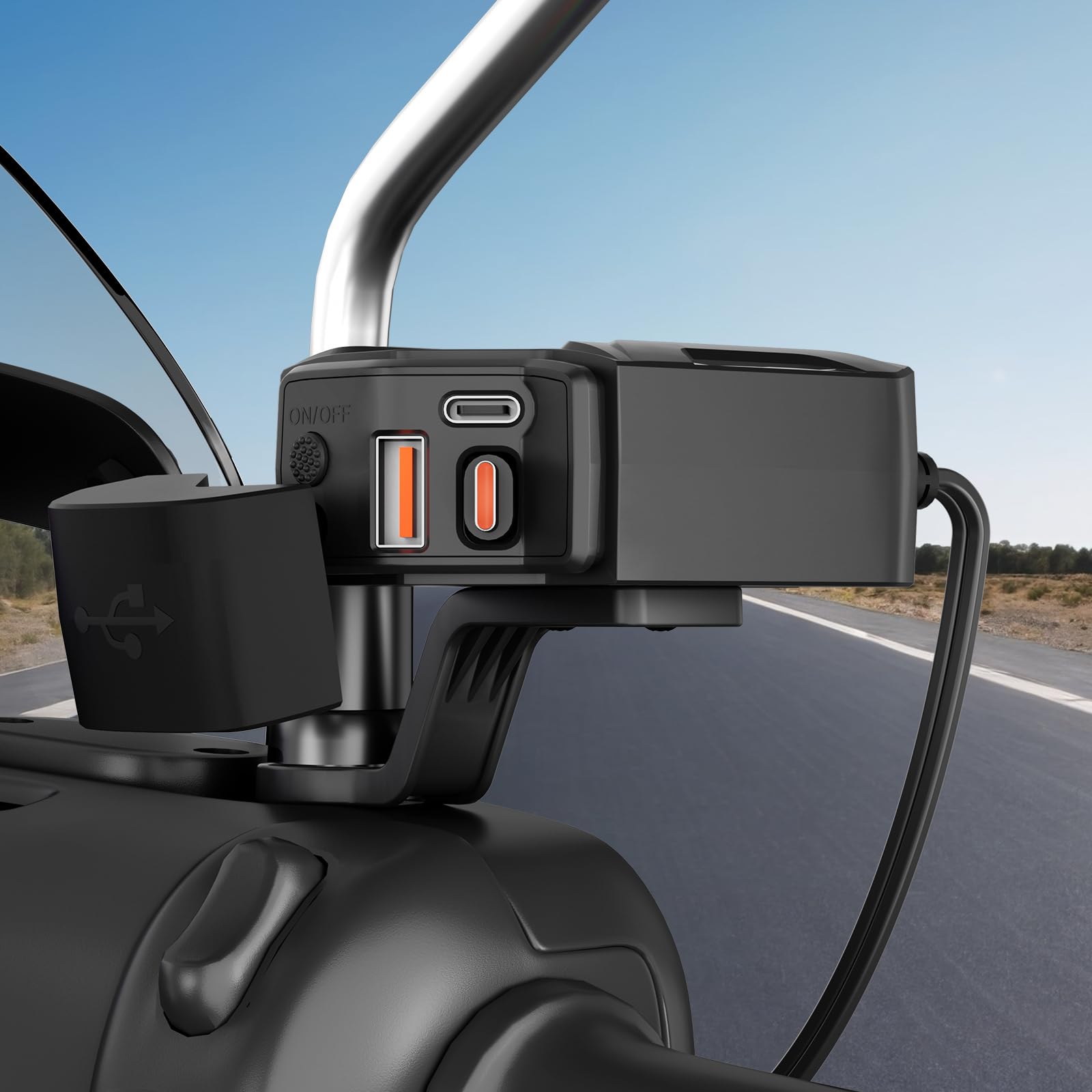 Motocyklowy adapter USB z woltomierzem, wyłącznikiem, IP65, podwójny USB-C PD i USB-A do telefonu, tabletu, GPS