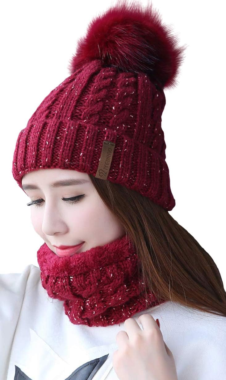 IYEBRAO Womens Winter Knit Beanie Hat and Scarf Set Girls Cute Slouchy Thick Fleece Lined Ski Hat Warm Skull Cap with Pom