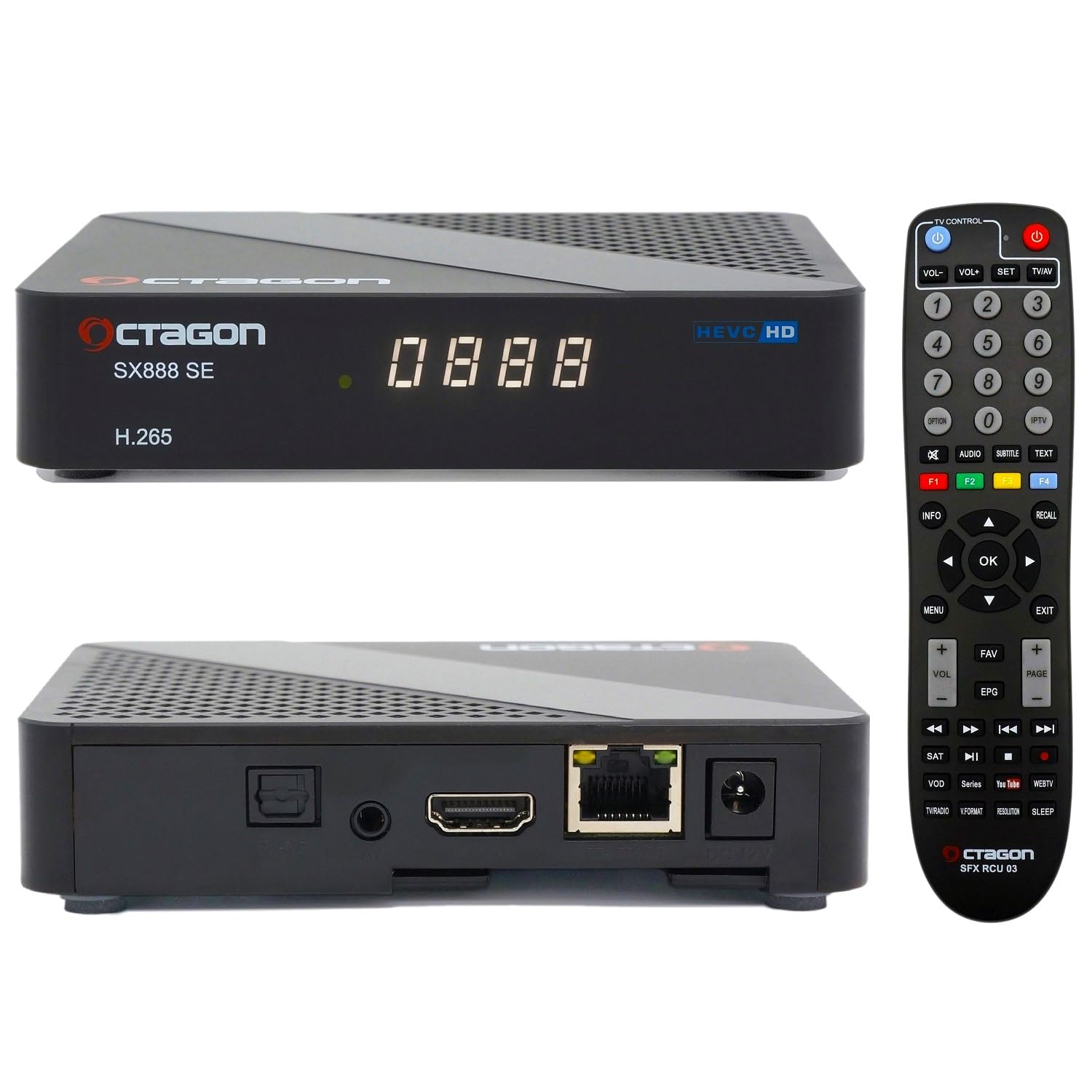 Octagon SX888 SE V2 HD IP HDTV Linux Receiver, TV Box, LAN, Mediathek, YouTube, Internet Radio, HDMI CEC, E2TV Multiroom TV Client-System, H.265, 2X USB, Infrarot Kabel, lernbare Fernbedienung