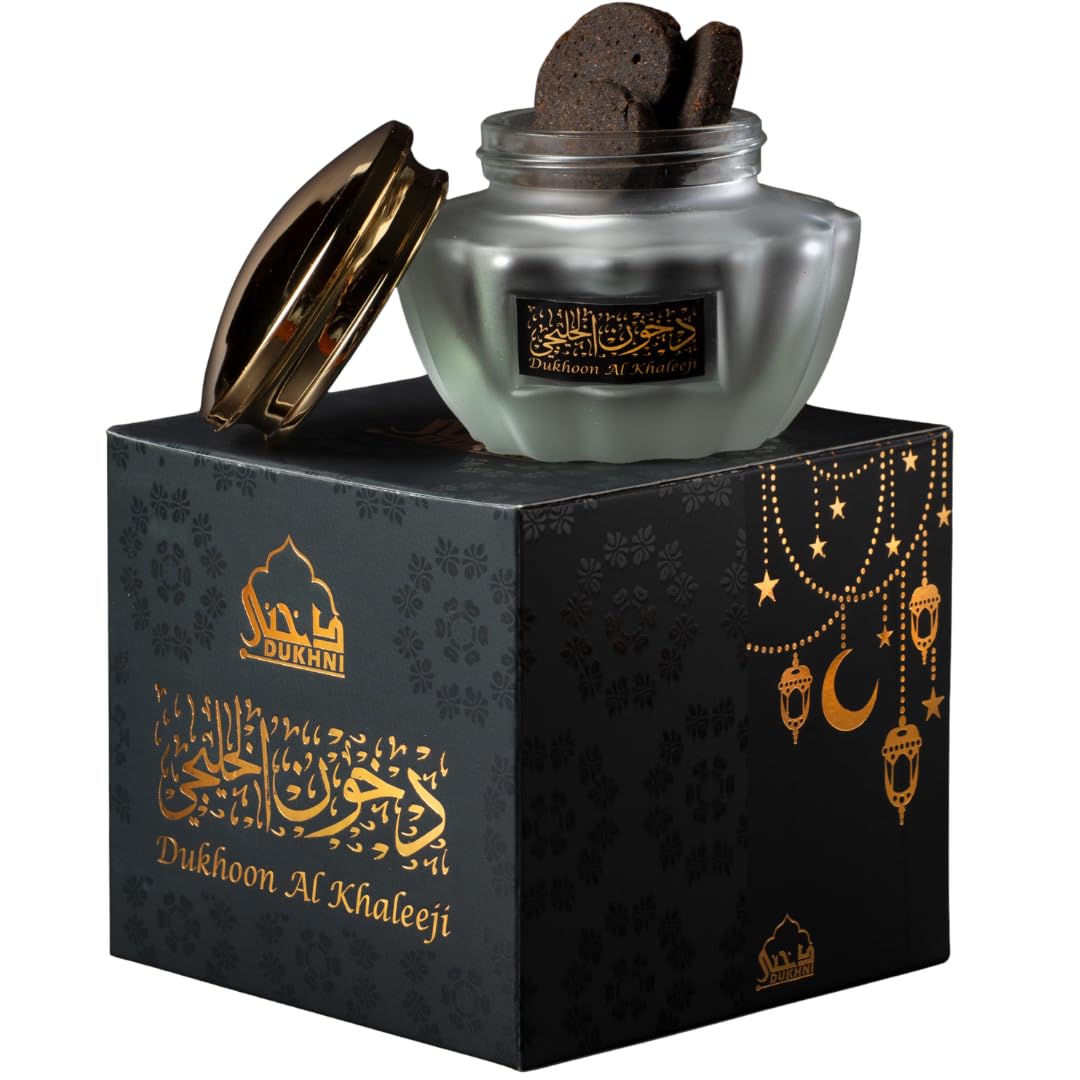 Dukhni Black Dukhoon Al Khaleeji Oud Bakhoor By | 40G Jar Of Authentic Arabic Bukhoor Incense Bricks | Handmade, Luxurious | Zesty Oriental Blend | Perfect For Prayer, Ramadan & Eid Gift