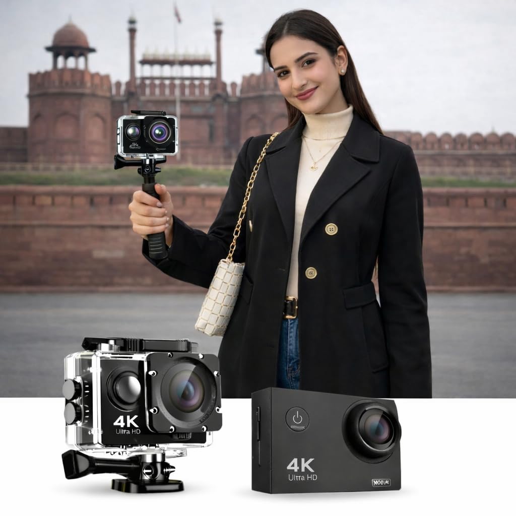 INDICAELECTRONICA 4K Action Camera 16mp (with 18 Accessories) - WiFi, Memory Card Support, 170° Wide Angle, Vlog-Ready, Perfect for Travel, Vlogging & YouTube (Matte Black 4k UHD)