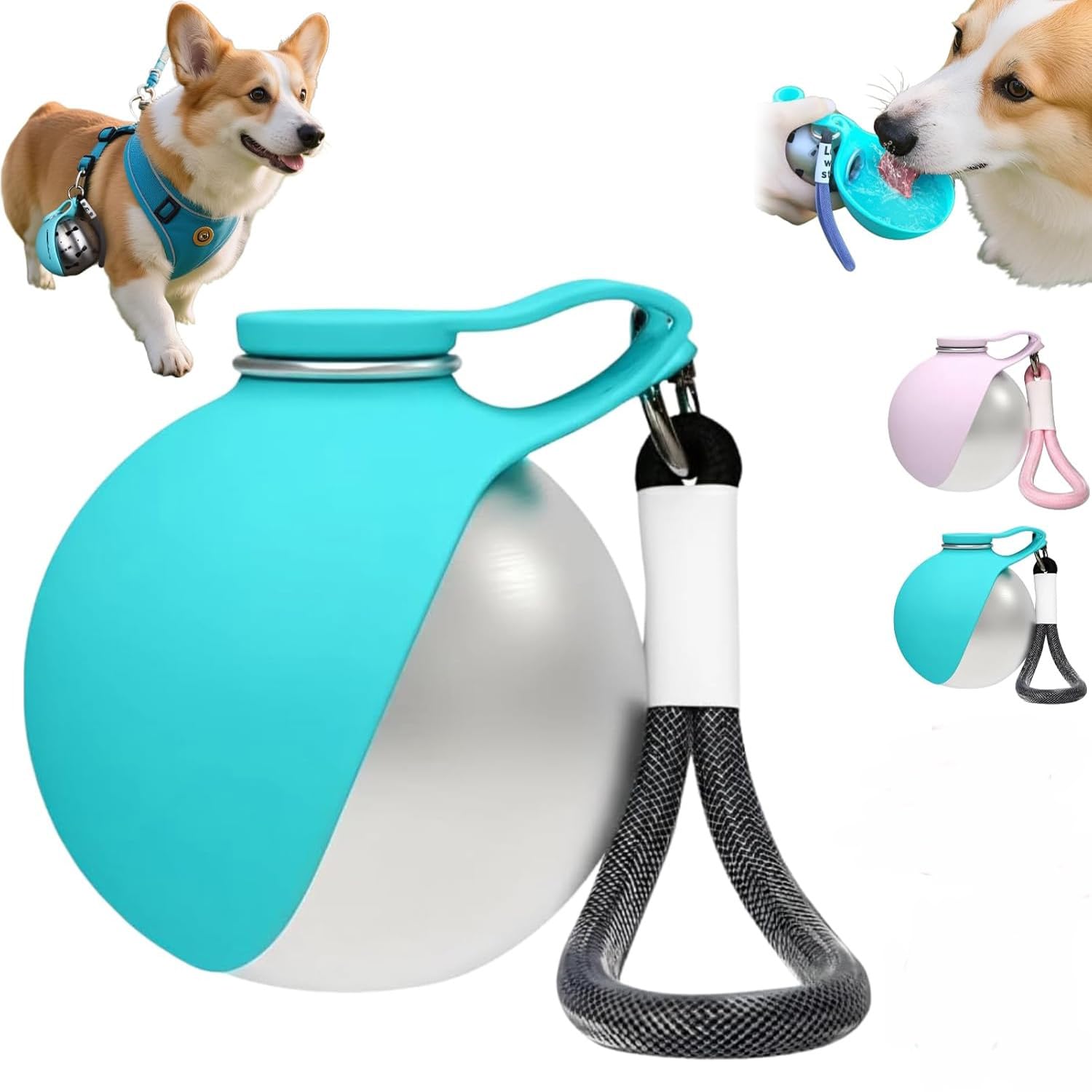 2-in-1 Portable Dog Water Bottle for Small Dogs, Pet Water Bottle for Travel with Foldable Silicone Bowl, Stainless Steel Dog Drink Dispenser with Drinking Feeder for Walking Hiking (blue)