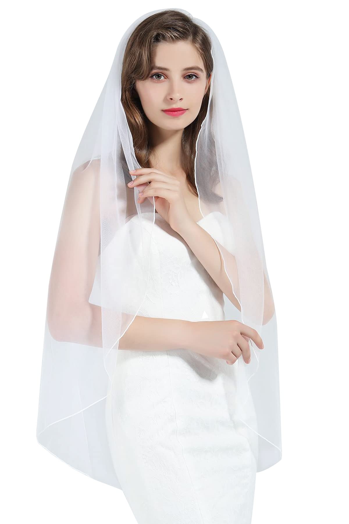 Voile De Mariée 1 Couche Ivoire Ou Blanc - Dentelle Broderie Longueur Doigts BEAUTELICATE