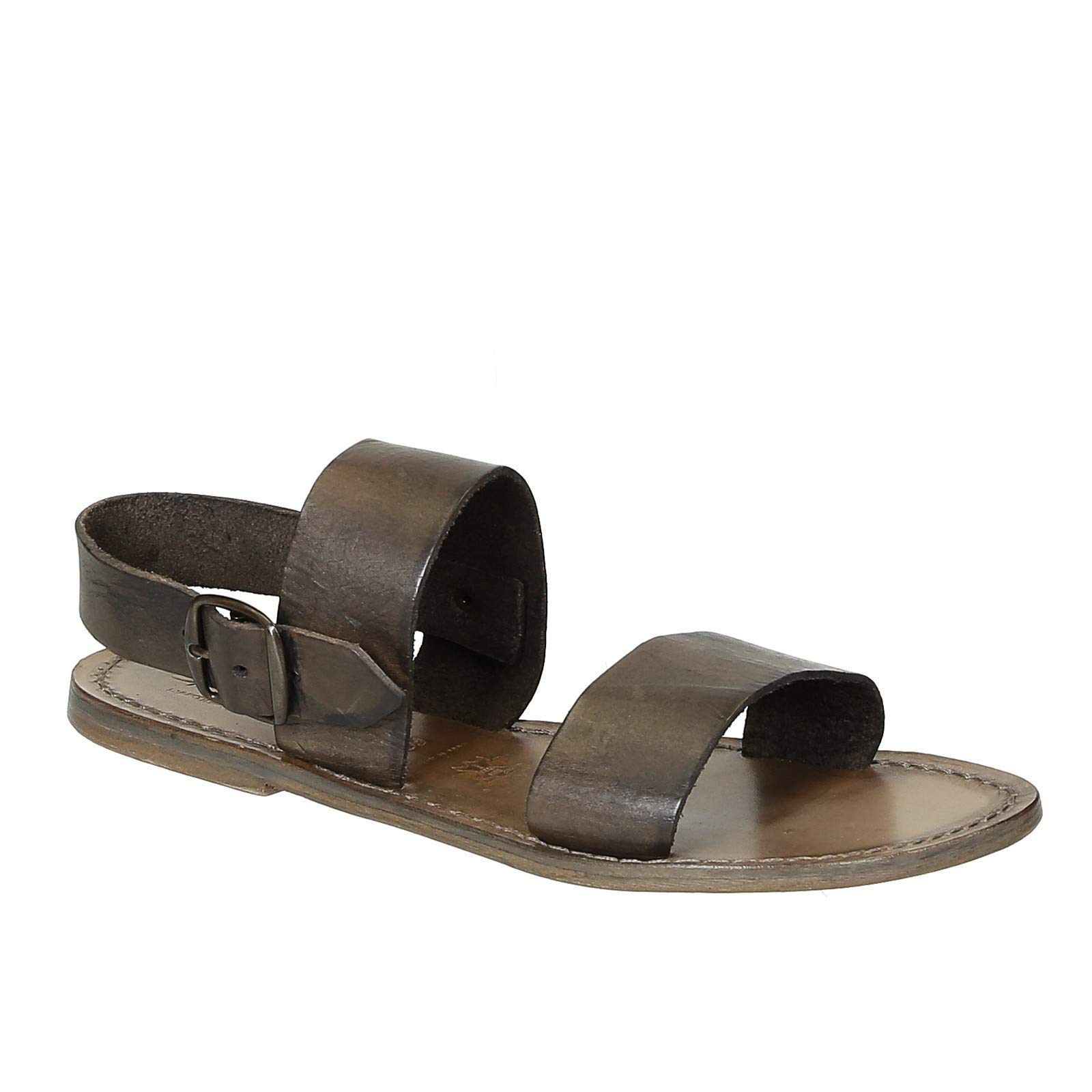 Gianluca - Lartigiano del cuoio Womens flat franciscan sandals Adjustable Buckle in brown genuine leather handmade in Italy