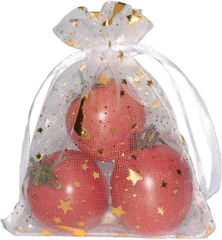 SUNGULF 100Pcs 3x4 Inches Sheer Organza Drawstring Pouches Stars And Moon Wedding Party Favor Jewelry Candy Gift Bags (White)