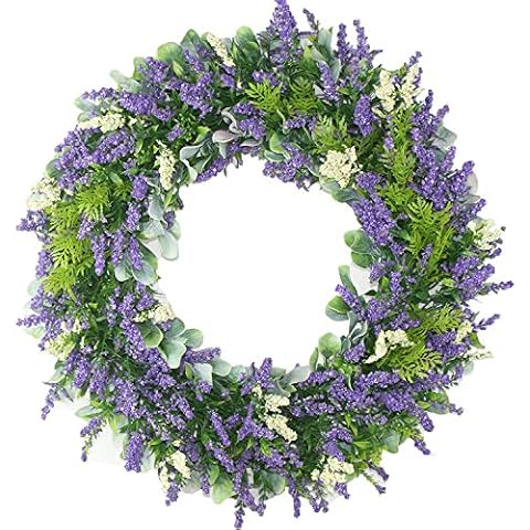Delicaft Plastic Green Leaves Wreath - 16" Artificial Lavender Wreath for Front Door Wall Window Party Décor, Indoor/Outdoor Use Cover