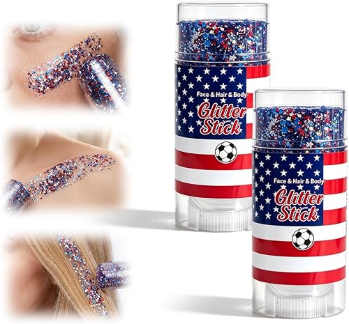 4th of July Outfits for Women,Patriotic Red White and Blue Body Glitter Stick,Sparkling Face Hair Glitter,American Flag Makeup for Independence Day Anniversary (2PC)