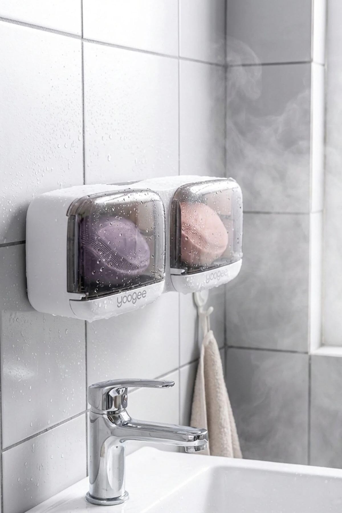 Buffer Duvara Monte İkili Kapaklı Plastik Sabunluk Organizer, Banyo ve Mutfak için Yapışkanlı Sabun Kutusu, 25.5x9.5x5 cm