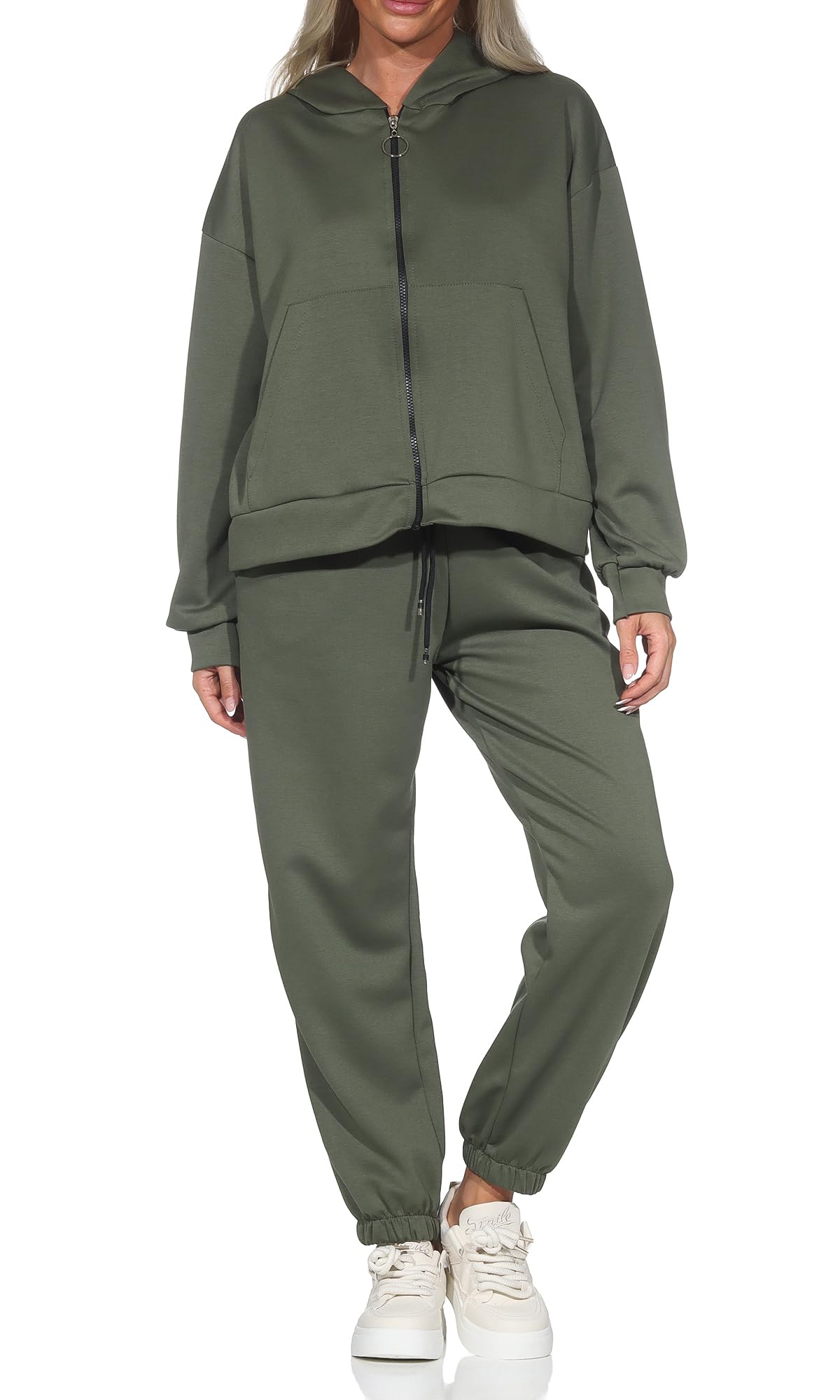 Damen Trainingsanzug 2 Teilig Set Hausanzug mit Kapuze & Reißverschluss – Sportlicher Jogginganzug Sweatjacke & Jogginghose Einheitsgröße (36-42) 618