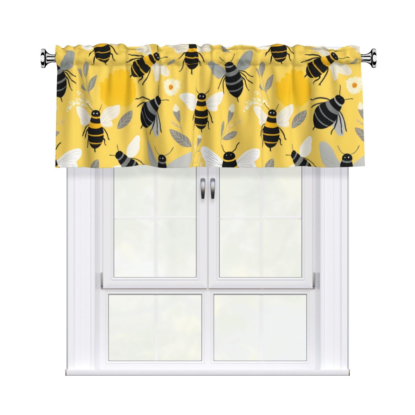 qqoupp Valance rod short curtain 54x18in Bumble Bees Pattern home decoration soft touch light blocking for kitchen bathroom window