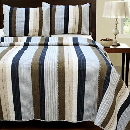 Cozy Line Home Fashions Nathan Quilt Bedding Set, Navy/Blue/White/Brown Plaid Striped 100% Cotton, Reversible Coverlet, Bedspread Set (Nathan Stripe, Twin - 2 Piece)