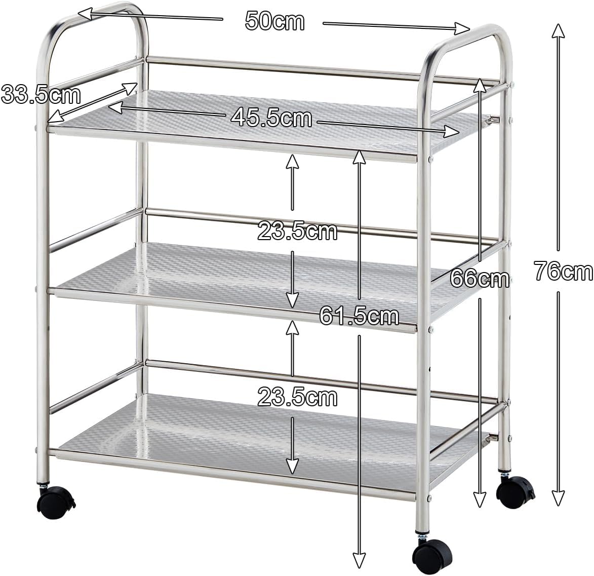 CLIPOP Carrito utilitario de acero inoxidable de 3 niveles, carrito de isla de cocina con ruedas bloqueables, carrito de almacenamiento para cocina, restaurantes y hogares de cuidados (35 x 50 x 75
