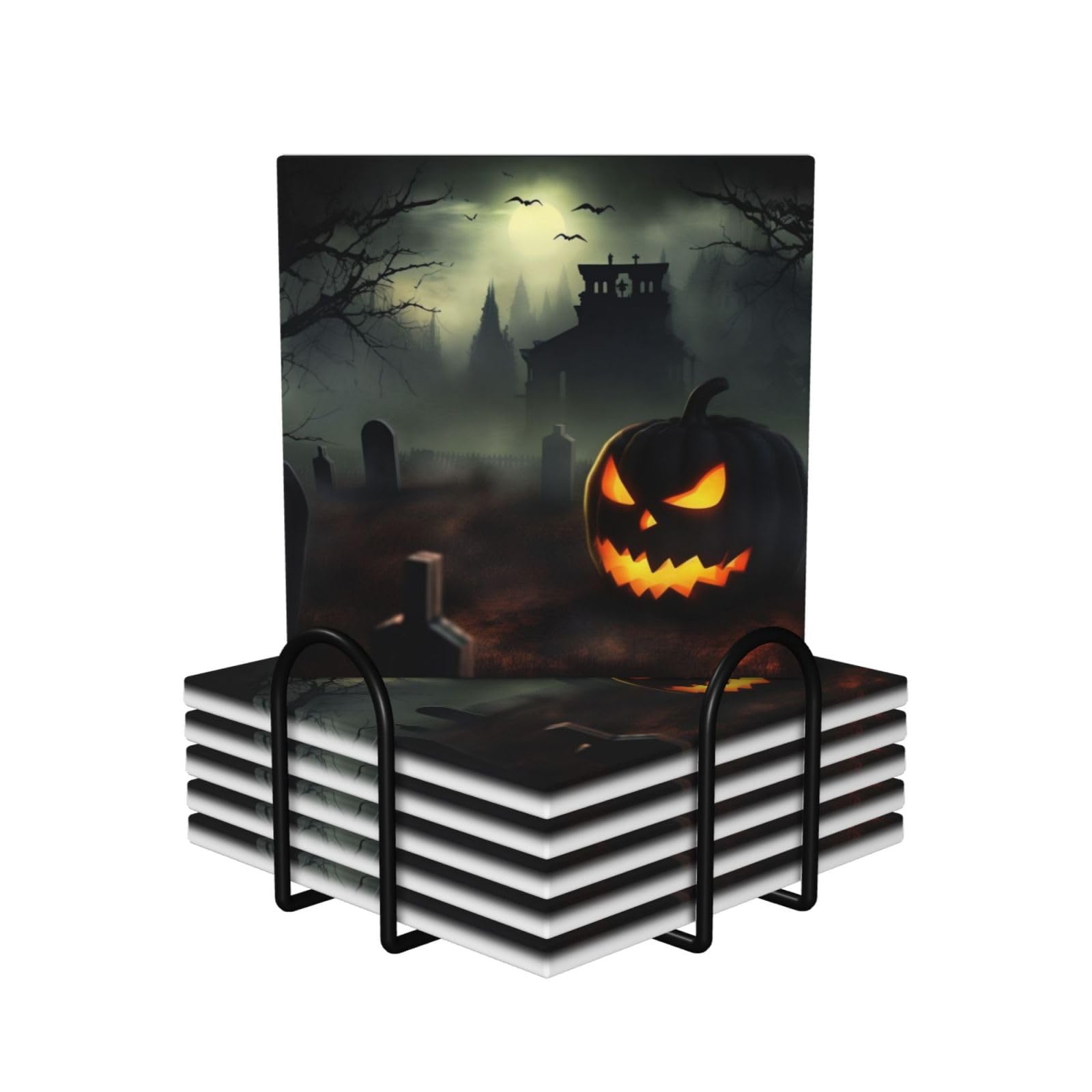 6Pcs Ceramics Coaster for Drinks, Halloween Horror Cup Coasters with Holder, Aesthetic Drink Coasters for Coffee Table, Absorbent Round Coaster for Tabletop Protection 4" Cup Mat Pad