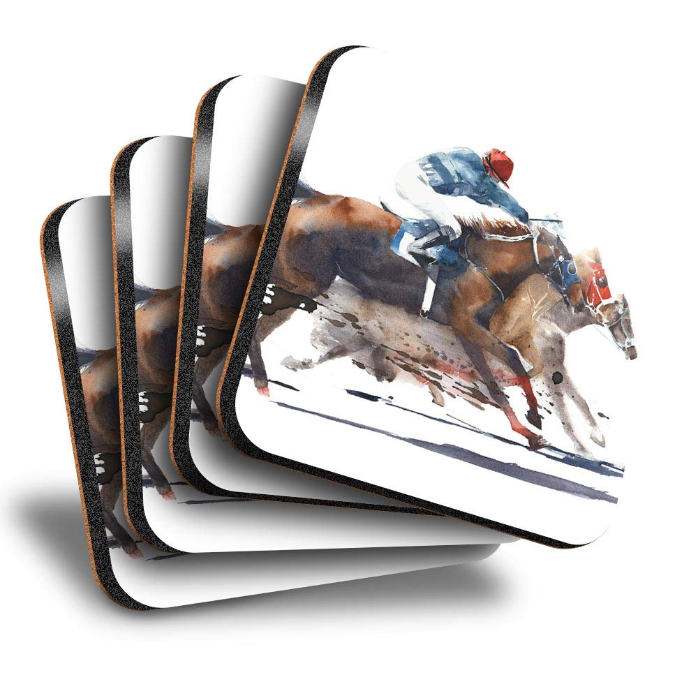 Destination Vinyl Ltd Great Coasters (Set of 4) Square - Horse Racing Jockey Race Drink Glossy Coasters/Tabletop Protection for Any Table Type #21697