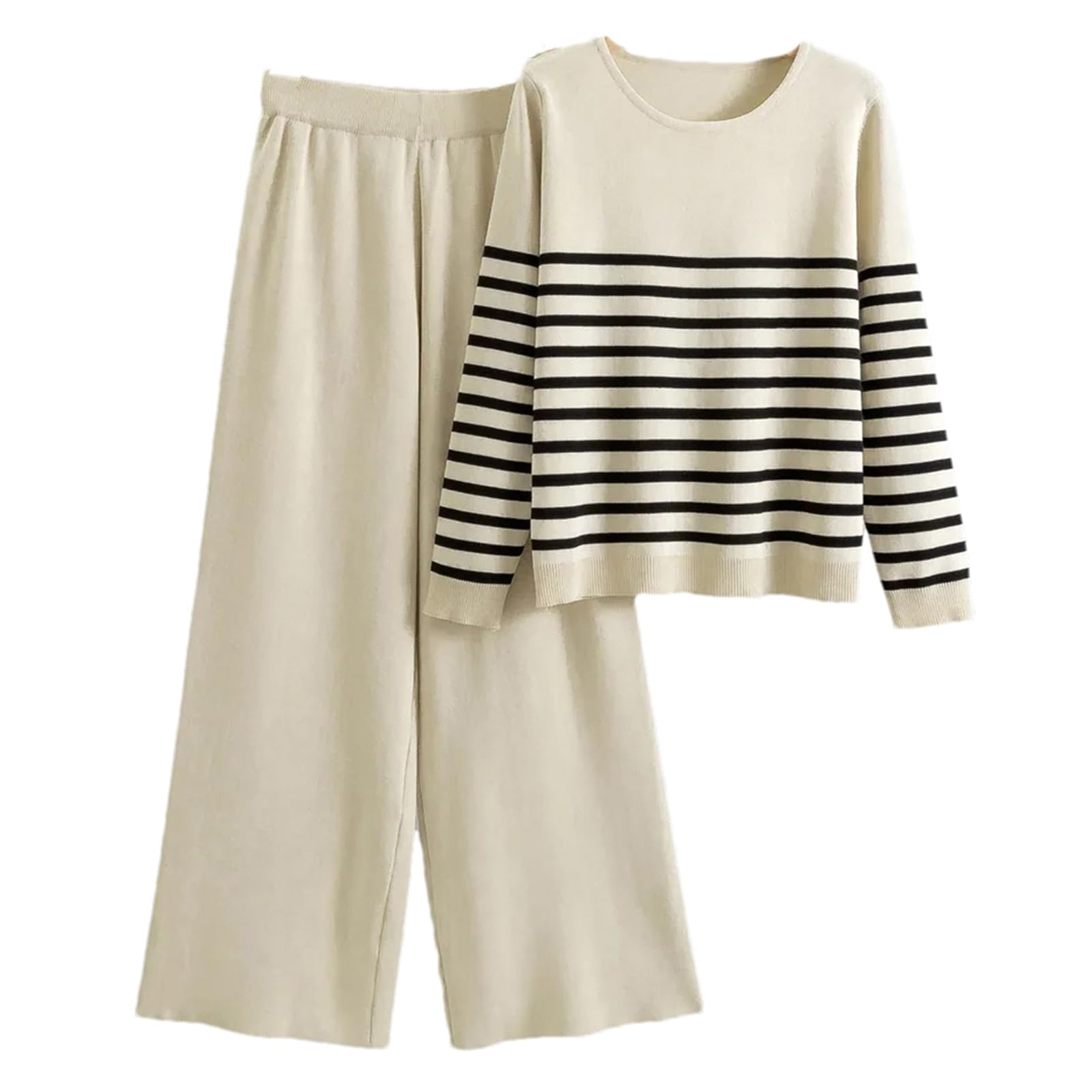 Pantalones de pierna ancha y jersey de manga larga en conjunto de punto a rayas mujer 6