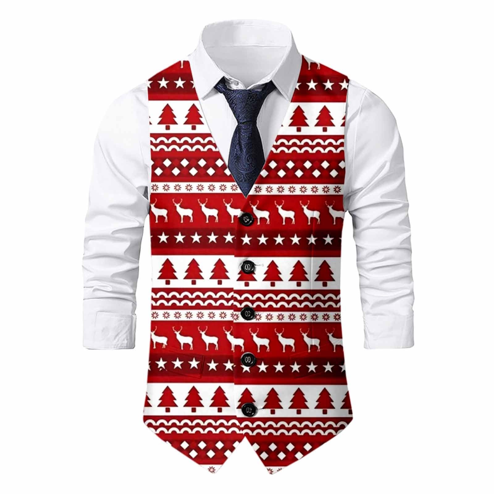 Christmas Waistcoat Mens Christmas Suit Vest un Waistcoat Fun Xmas Festive Happy Xmas Waistcoats V Neck Sleeveless Slim Fit Party Costumes Party Dress Up Vest Suit