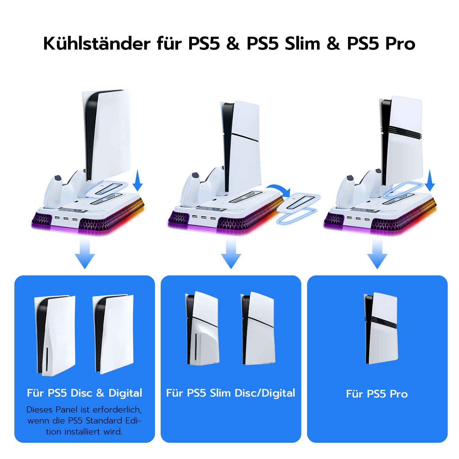 Wigearss PS5/PS5 Slim/PS5 Pro Kühler Standfuß mit Dual Controller Ladegerät, PS5 Controller Ladestation Standfuß mit Lüftert, RGB Licht für PS5/PS5 Slim/PS5 PRO UHD/Digital Edition