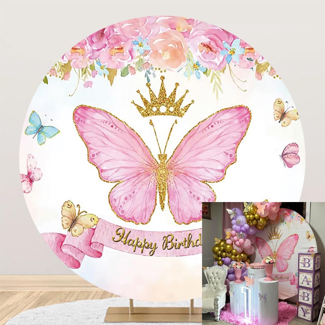 Laeacco 7.2x7.2ft Pink Butterfly Birthday Round Backdrop Watercolor Flowers Golden Crown Circle Backdrop Cover Flying Butterflies Photography