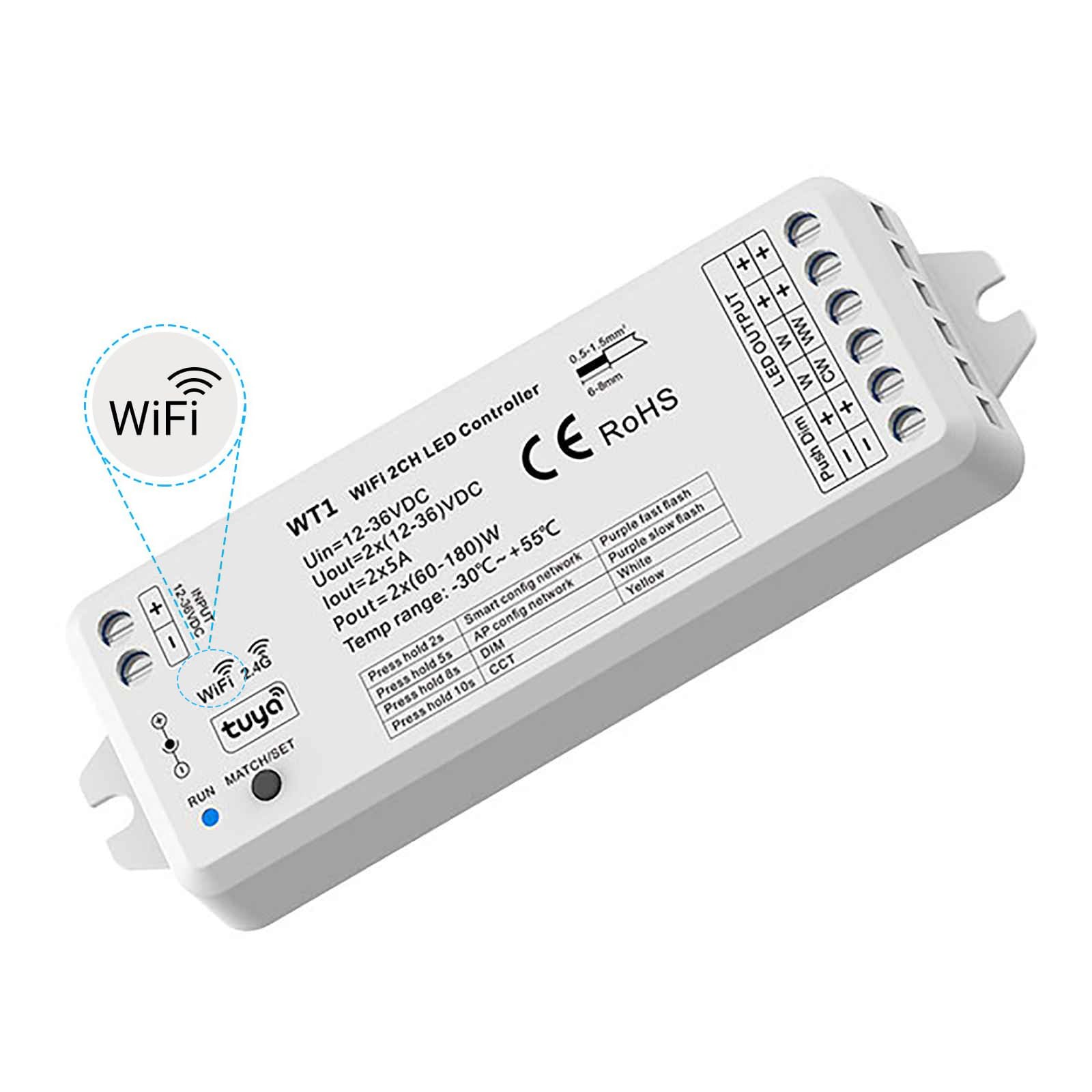 Planetitaly Controller LED WT1 WiFi per strisce faretti centralina SMART dimmer WiFi 2.4G CCT da 3000K a 6500K 2CH 12-24V APP, Smartphone, Controllo remoto, Compatibile Google Home Amazon Alexa