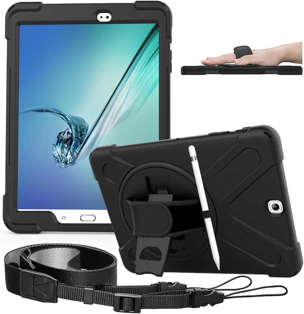 Galaxy Tab S2 9.7 Case - Dropproof Shockproof Heavy Duty Tablet Cover Rotatable Kickstand Handle Stand Hand Strap Shoulder Belt Carrying Case for Samsung SM-T810/T813/T815/T817/T818/T819 9.7" Black
