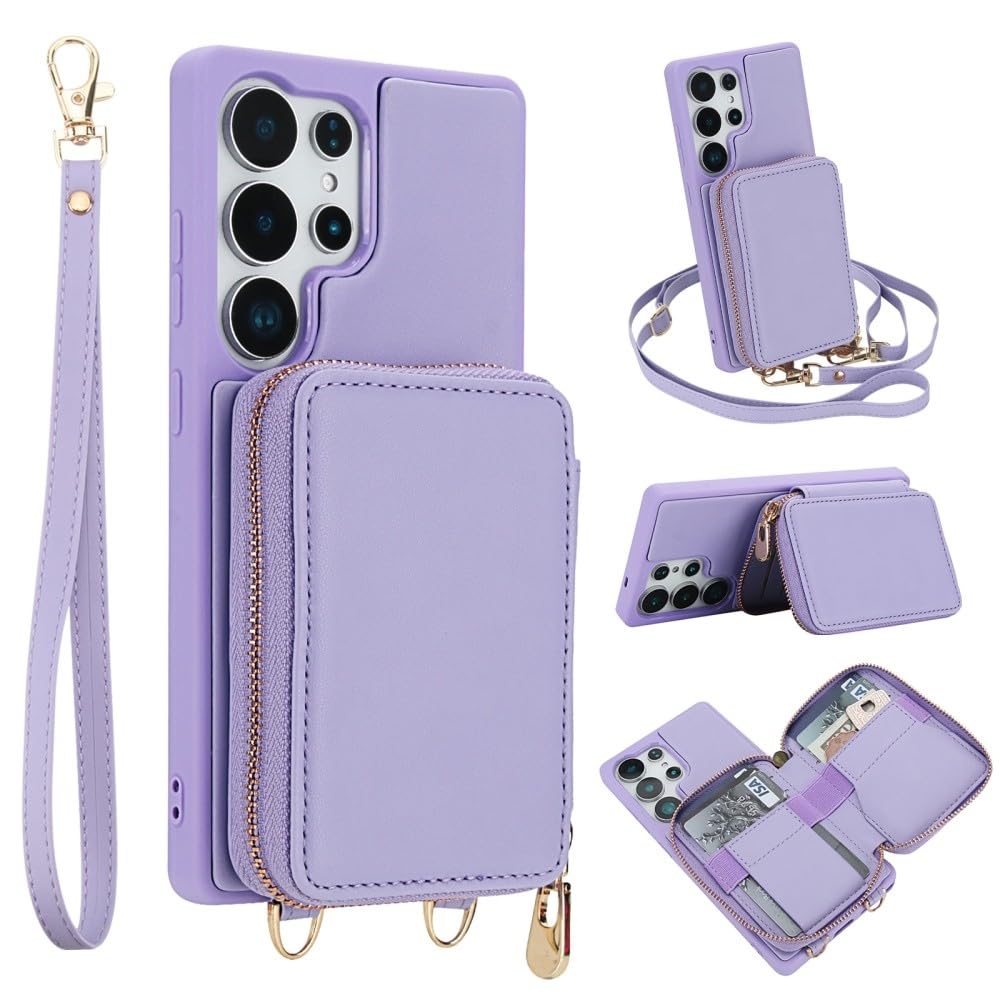 Generic - Funda compatible con Samsung Galaxy S25 (color: morado claro) para correa de hombro con cremallera y billetera de piel con tapa trasera