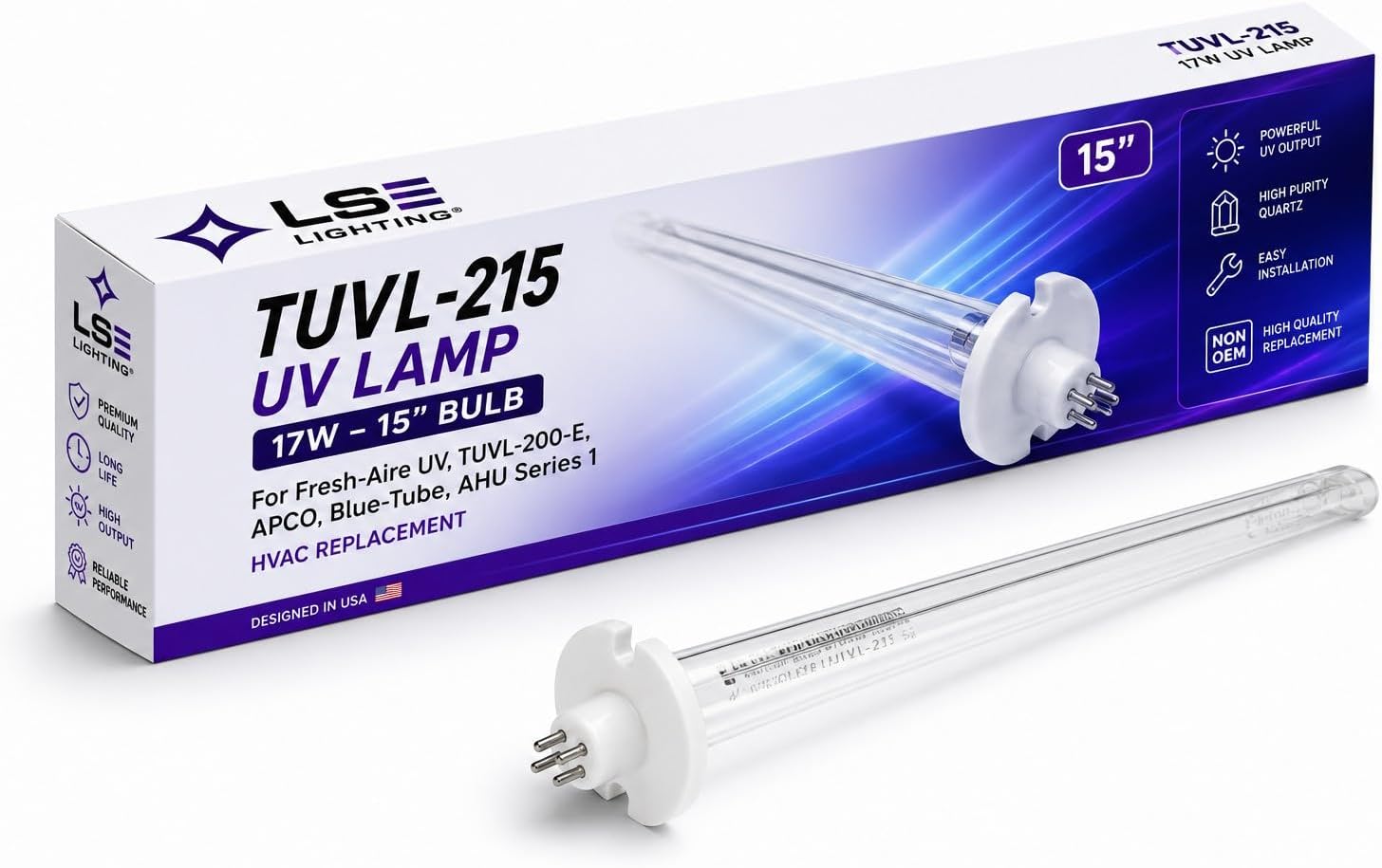 LSE Lighting TUVL-215 UV Lamp 17W – 15" 254nm Bulb for Fresh-Aire UV, TUVL-200-E, APCO, Blue-Tube, AHU Series 1 – HVAC Air Replacement – 425mA Quartz – Non OEM - Designed in USA