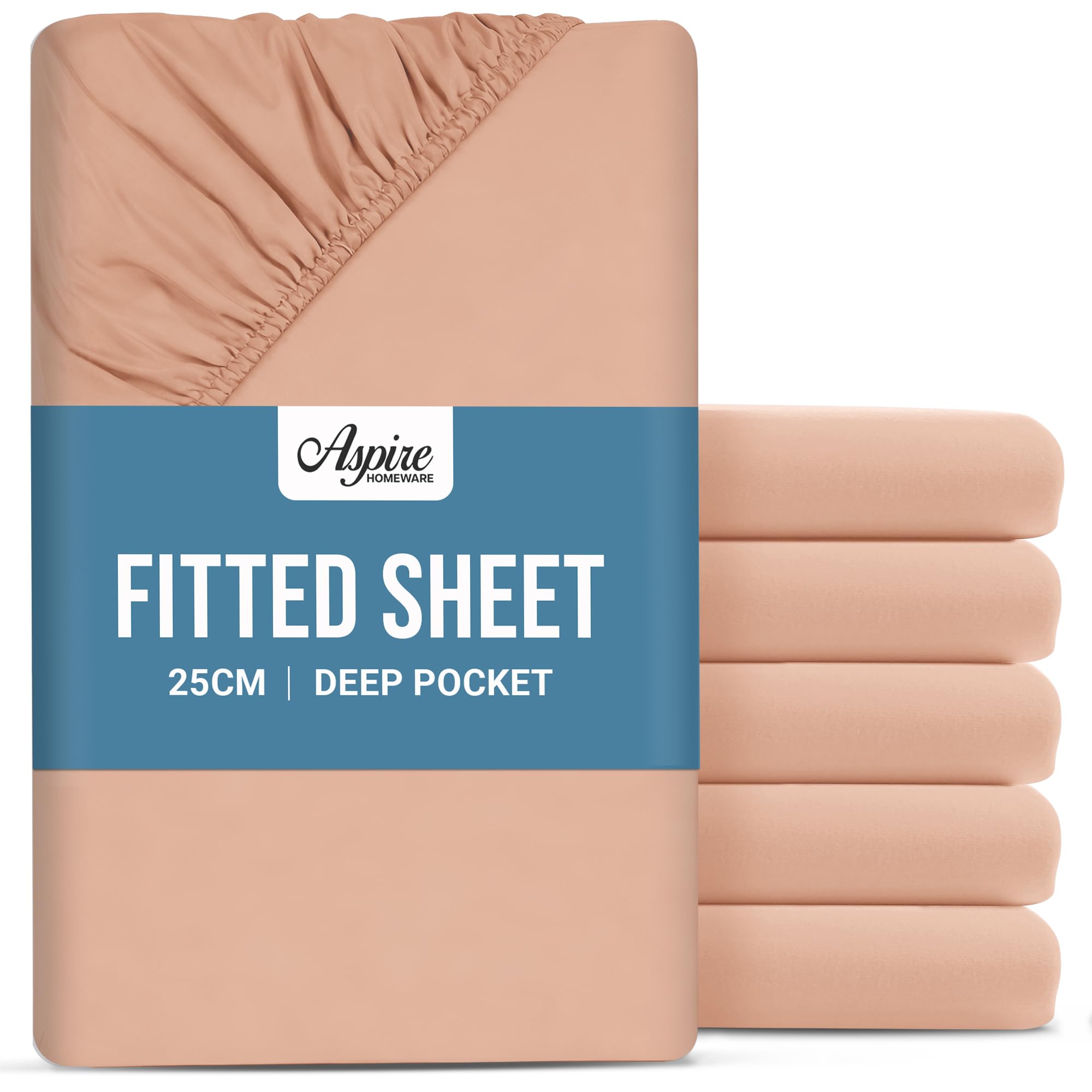 Aspire Homeware Single Fitted Sheet 6 Pack - 25 cm Deep Hotel Quality (Peach) Bed Sheets - Soft & Breathable Fitted Sheet Single Bed - Anti-Wrinkle Easy Care Fitted Sheets