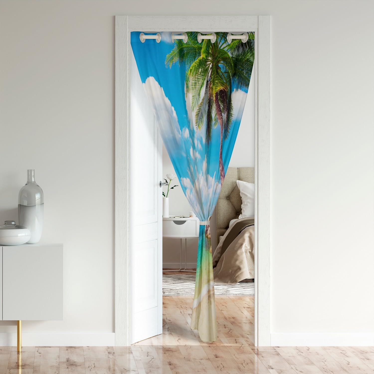 Erosebridal Ocean Beach Door Curtain for Doorway Privacy Palm Trees Door Drape 34