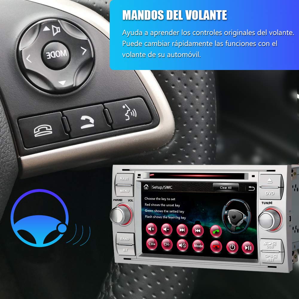AWESAFE Radio Coche 7 Pulgadas para Ford con Pantalla Táctil 2 DIN, Autoradio de Ford con Bluetooth/GPS/FM/RDS/CD DVD/USB/SD, Apoyo Mandos Volante, Mirrorlink y Aparcamiento (Plata)