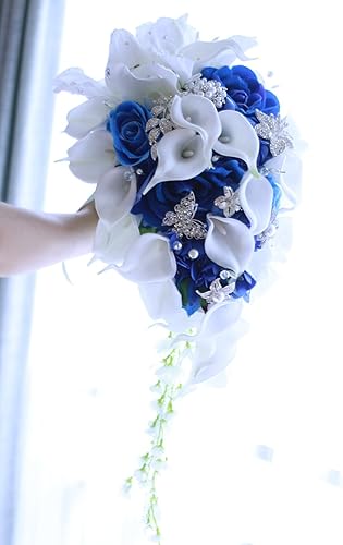 Miniatura 3 de IFFO - Ramo azul real, ramos de novia para boda, ramo de novia de lirio de cala blanca, forma de cascada de gotas de agua, ramo de joyería de lujo,