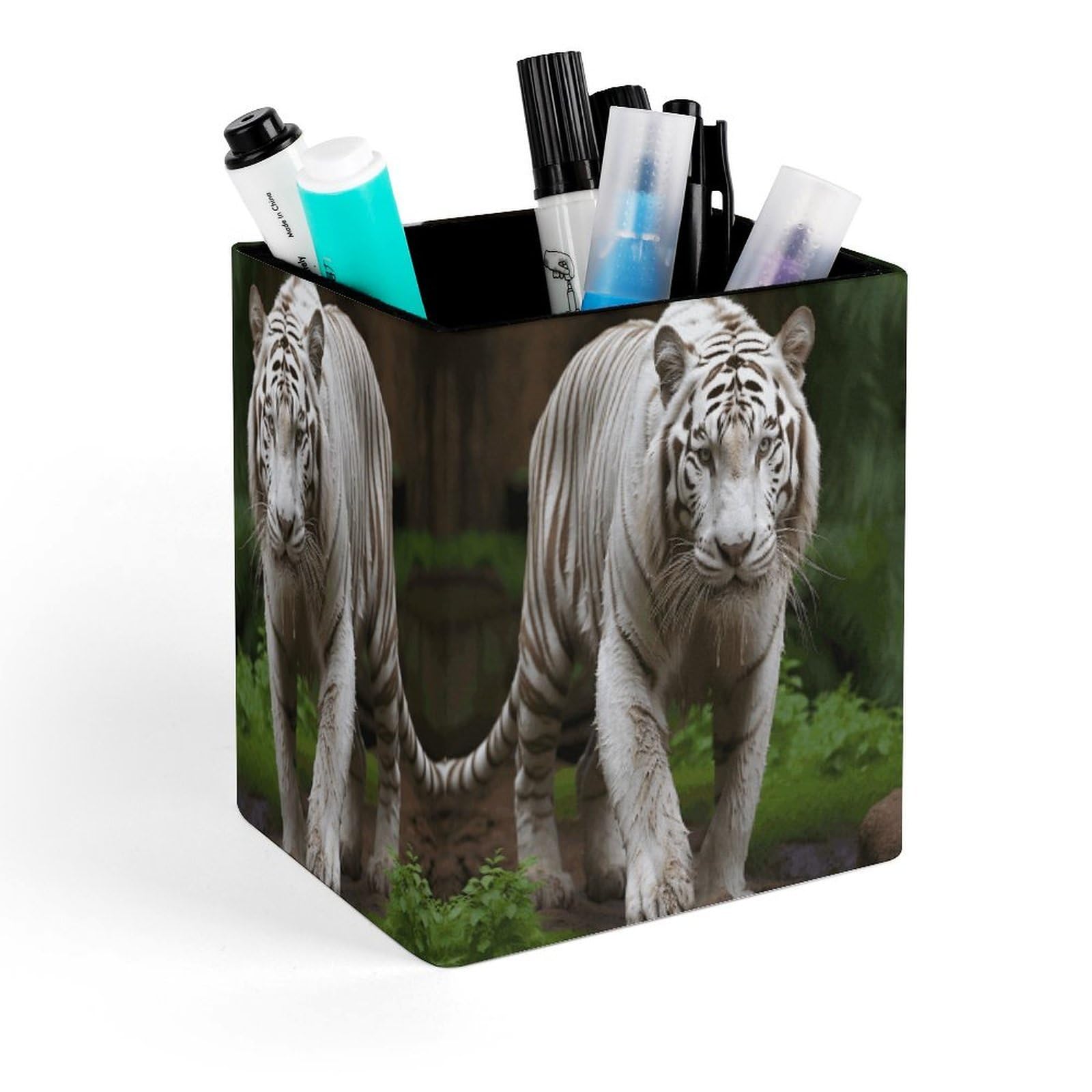 VstaDank Majestic White Bengal Tiger Pen Holder Square Pencil Holder Leather Pencil Cup Pen Organizer Makeup Brush Holders Pen Cups Desktop Stationery Organizer for Home Office Desk Organizers