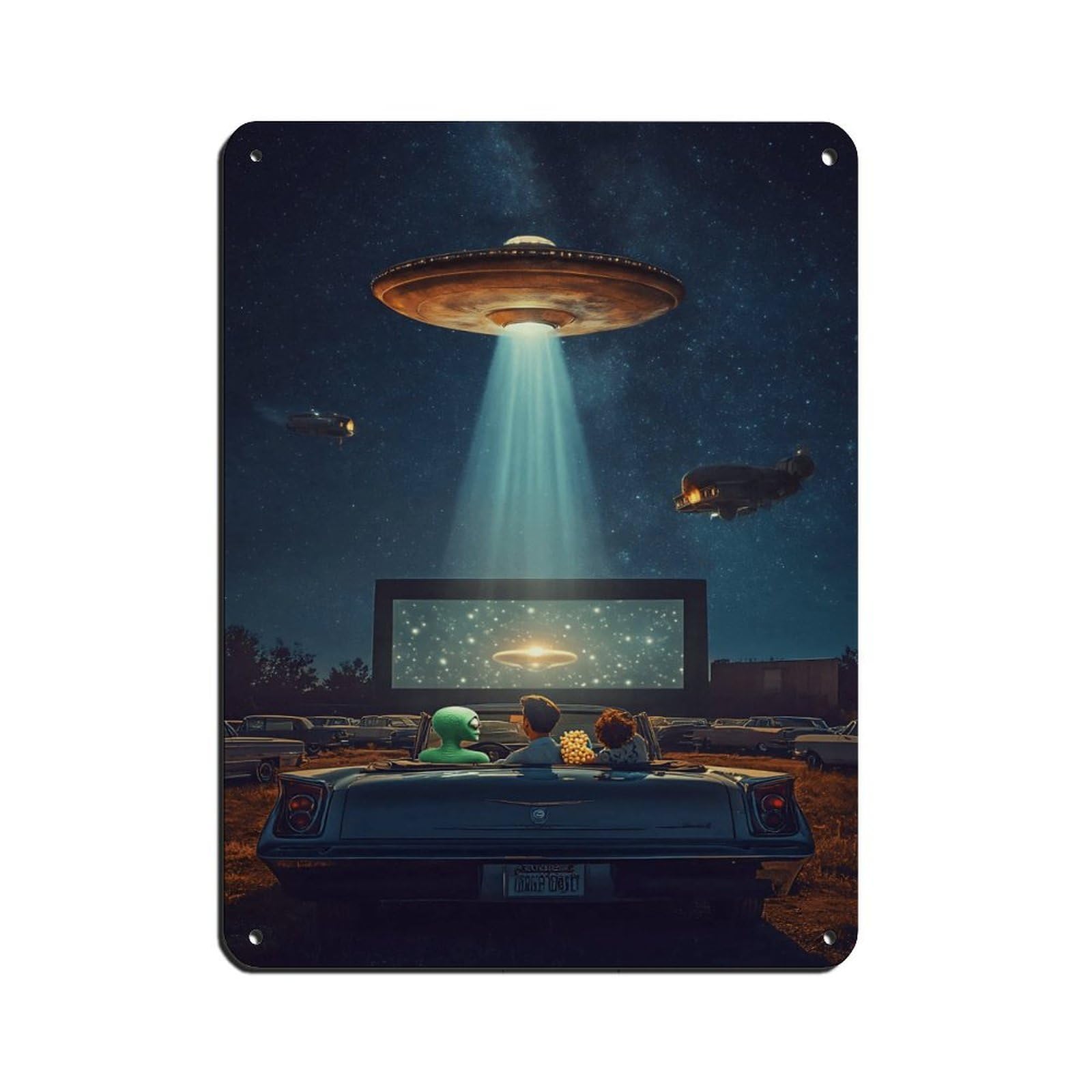 Retro UFO Drive-In Movie Night Tin Sign Vintage Metal Pub Club Cafe Bar Home Wall Art Decoration Poster Retro 12x16inch(30x40cm)