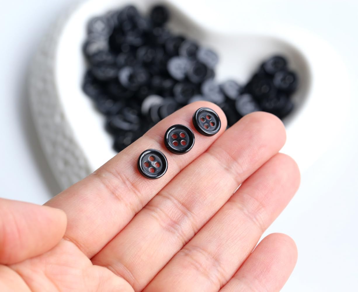 150pcs 9mm (0.36 inch) Mini Size Black Buttons for Sewing 4 Holes Small Button for Garments Sewing or DIY Crafts Scrapbooking