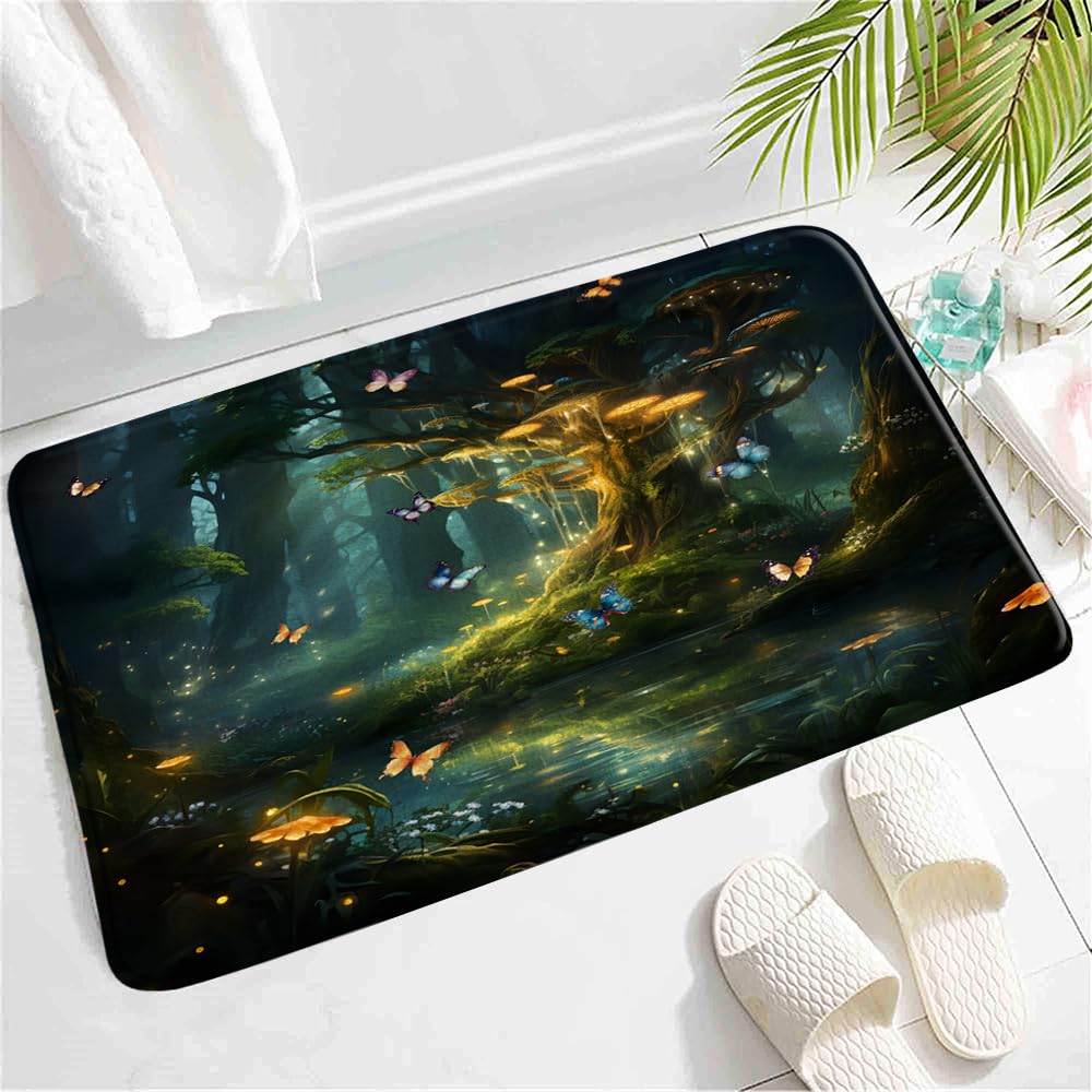 Green Enchanted Forest Bath Mat,Fantasy Mushroom Tree Fairy Tales Tree House Nature Lake Meadow Butterfly Elf Spring Non-Slip Bathroom Mat Rug Bath