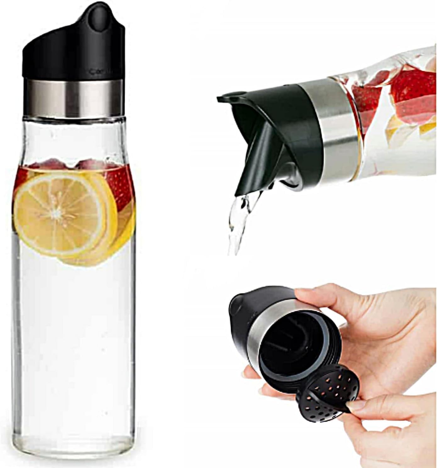 J&M DESIGN Paquete de 3 jarras de vidrio de 28 onzas con tapa, jarra de agua de acero inoxidable y tapa de plástico fácil de girar con colador extraíble, jugo, bebidas, té helado, café, leche, apto