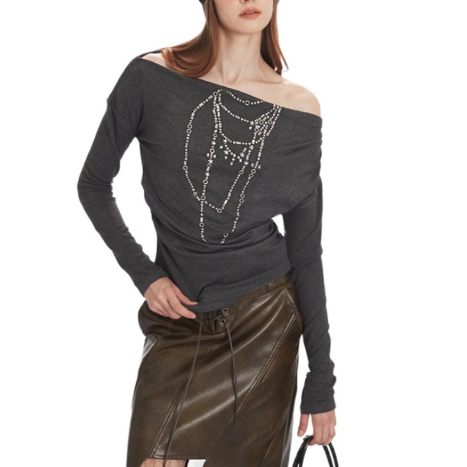Women's Going Out Asymmetrical Neck Wrap T Shirt Slim Fit Long Sleeve Ruched Y2k Top Gray Small