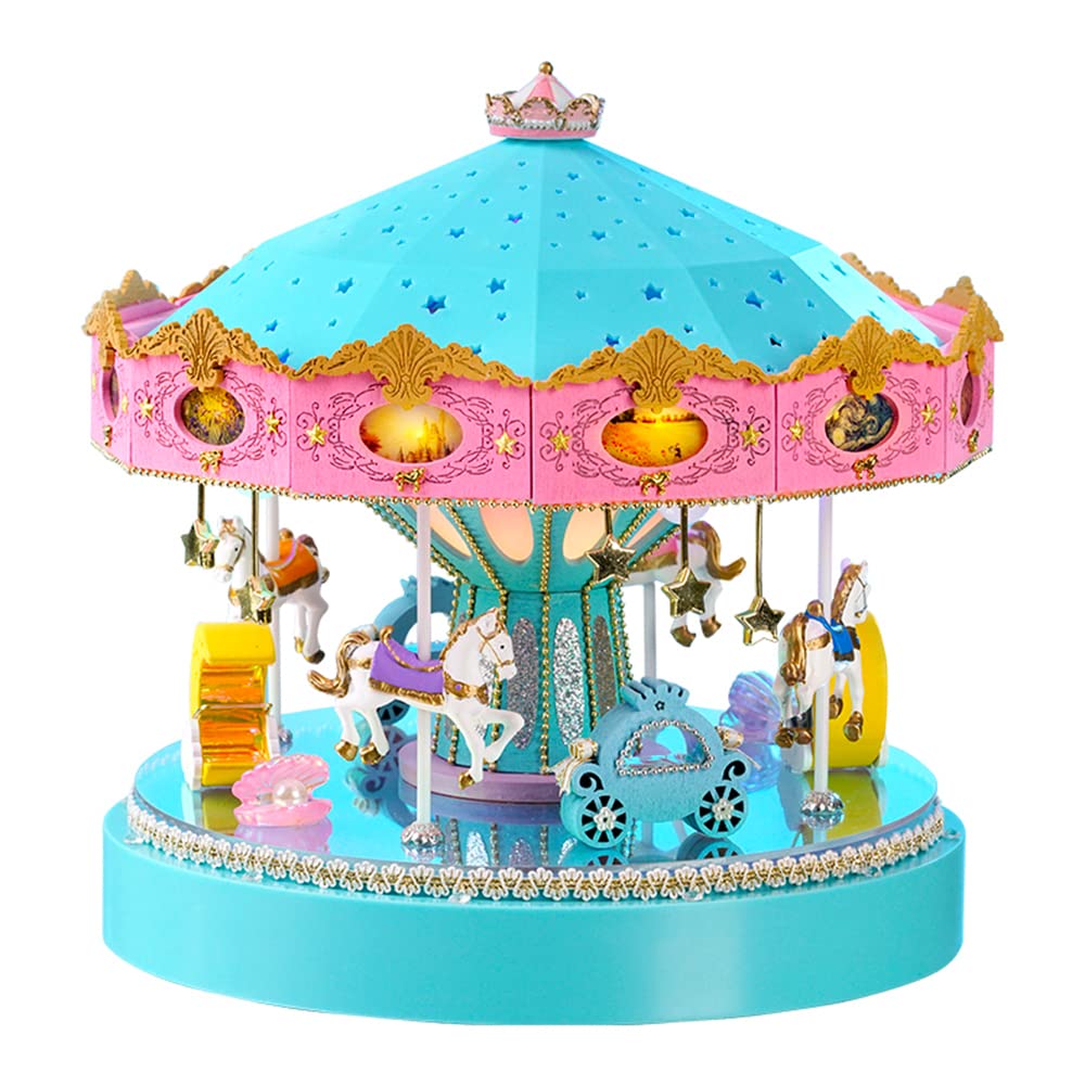 Roroom DIY Miniature and Furniture Dollhouse Kit,Mini 3D Wooden Doll House Craft Model with LED and Music Movement,Creative Room Idea for Valentine's Day Birthday Gift(Fantasy Carousel)