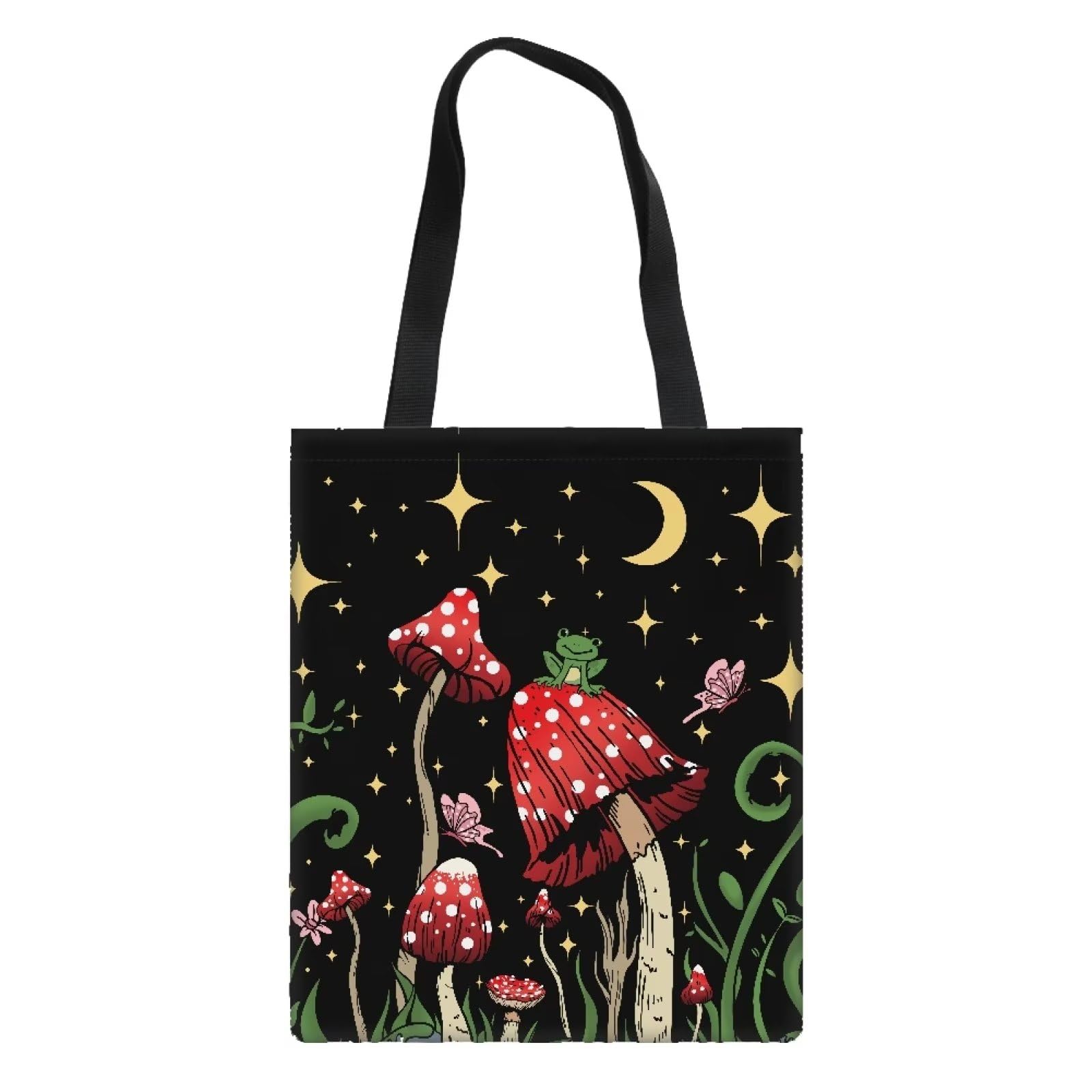 Showudesigns Mushroom Tote Bag for Women Girls Shopper Bag Canvas Kitchen Grocery Bags Kids Snack Bags Bookbags for School Shopping Beach Handbag Frog Galaxy Moon Star