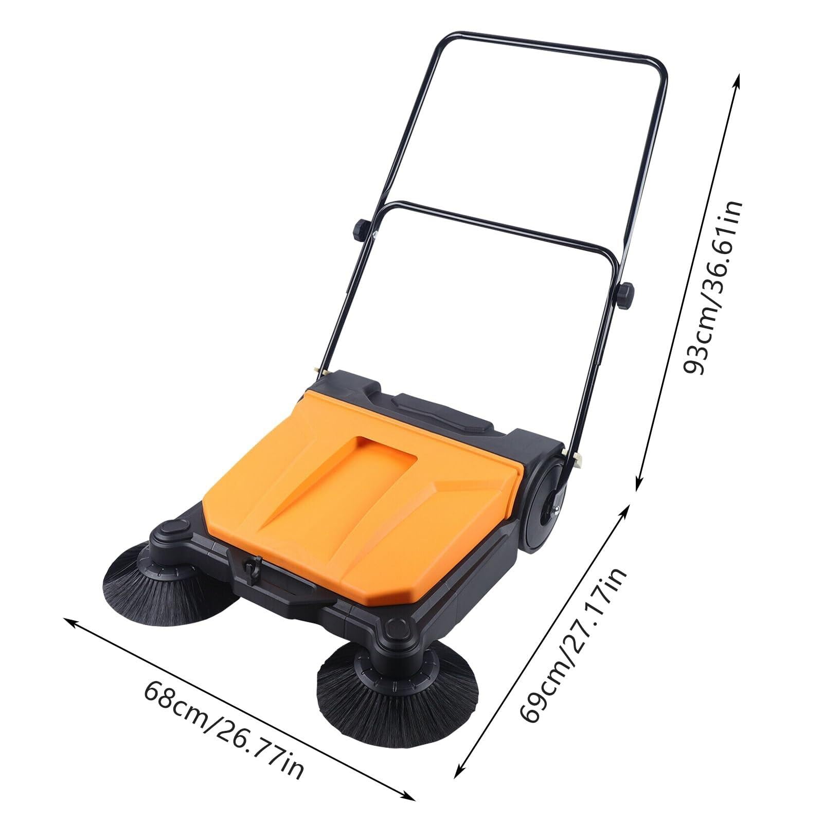 Barredora comercial de pisos, máquina de limpieza manual con caja de polvo de 15 L, ancho de barrido de 26.8 pulgadas, diseño plegable para pasillos, patios, garajes y aeropuertos