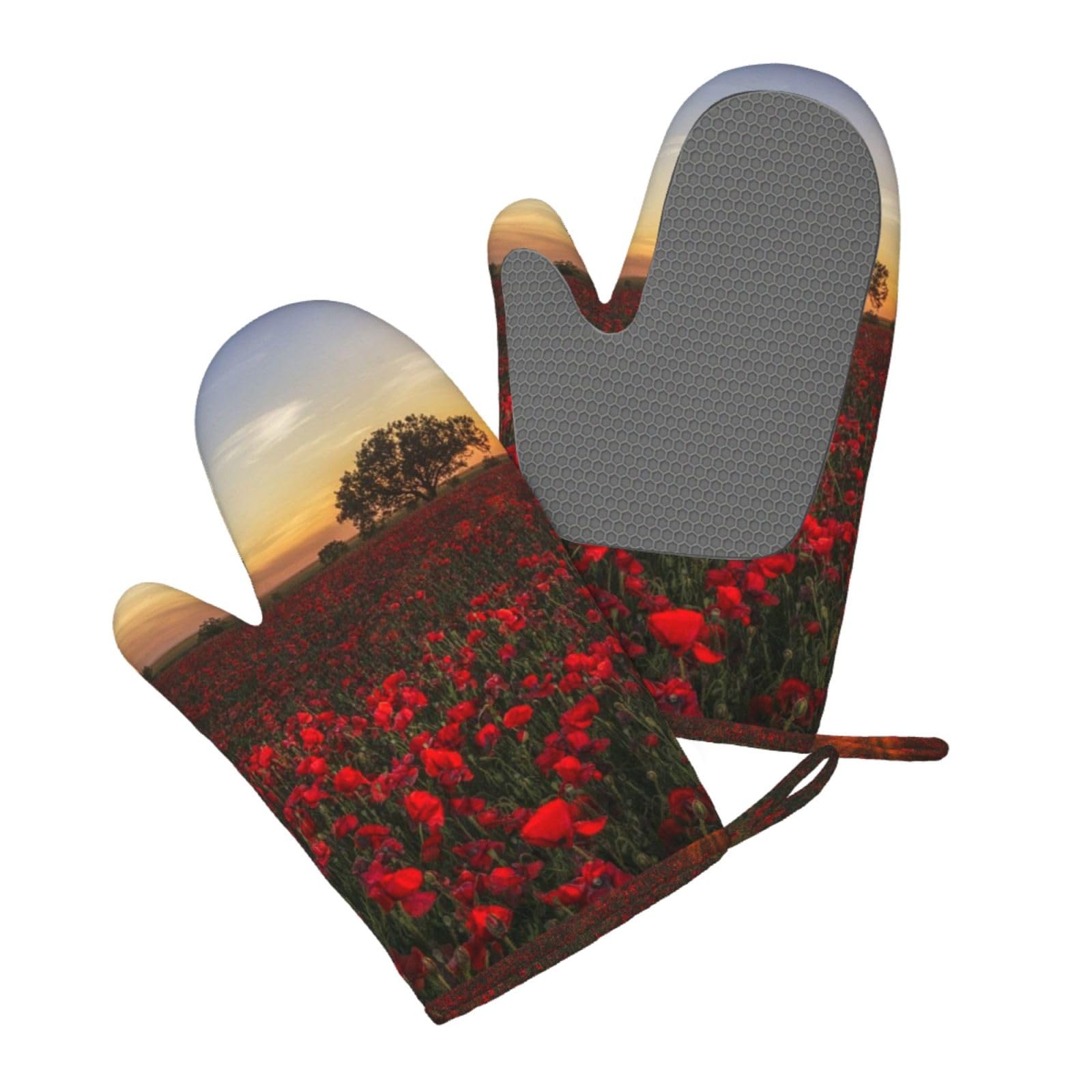 Aqrjlpo Women's Sunset Flower Field Silicone Oven Mitts Set 2Pcs, Printed Heat Resistant Non-Slip Silicone Oven Gloves For Kitchen Cooking Baking Microwave