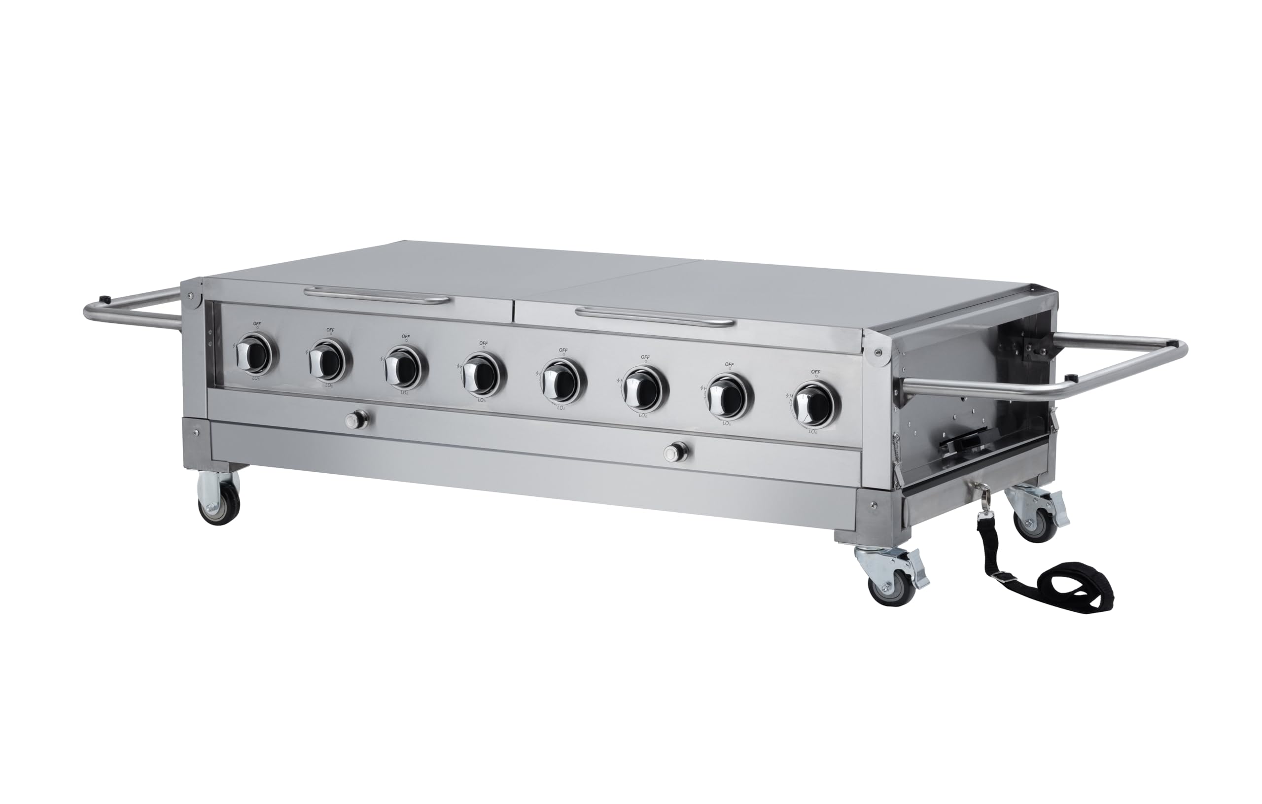 METRO Professional Barbecue à Gaz, Acier Inoxydable, 8 Brûleurs, 32 kW, Puissance 116 000 BTU, 4 Grilles de Cuisson, Roulant, Tables Pliables, Argent