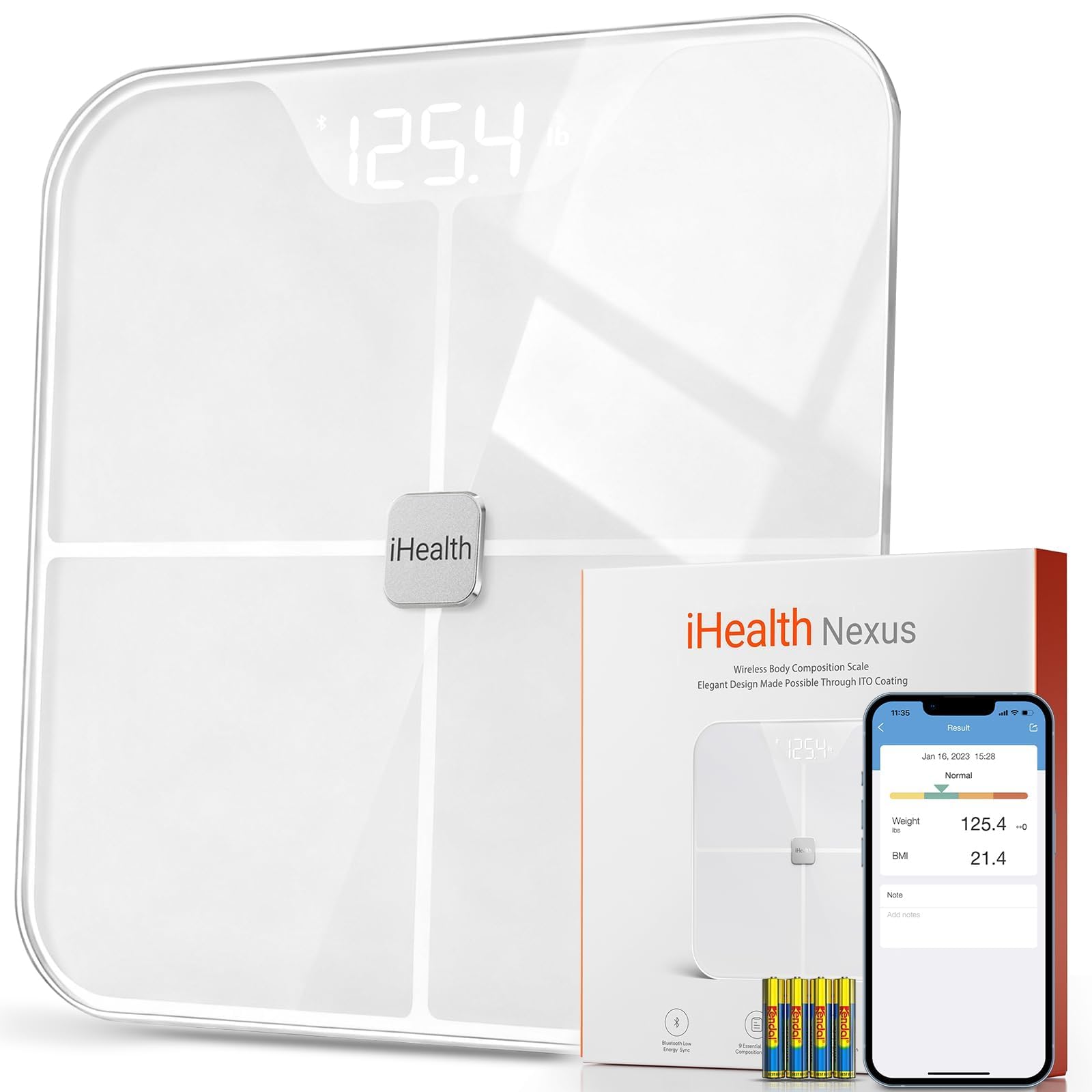 iHealth Nexus Smart Scale for Body Weight Bluetooth, Digital Bathroom Scale Body Fat and Muscle, Body Composition Monitor Health Analyzer for BMI Compatible for iOS & Android Accurate to 0.1lb-White